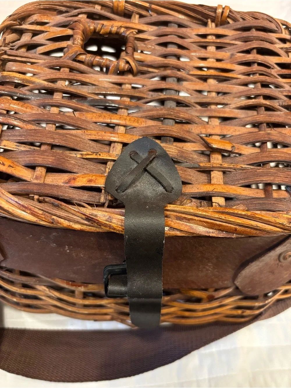 Vintage Wicker Fishing Creel Basket Leather Trim Shoulder Strap Cottagecore